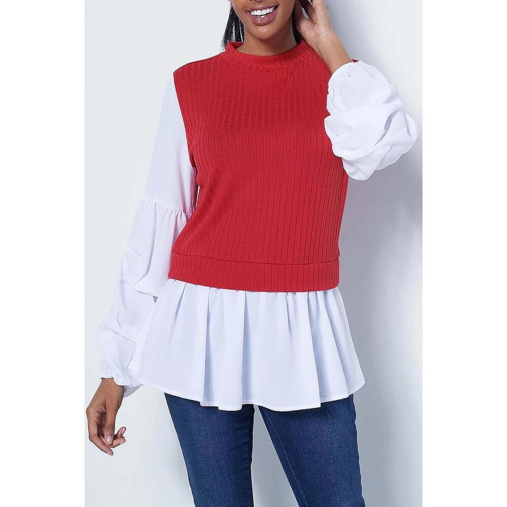 Truth + Style Mix Media Jersey Top Woven Pick-Up Sleeves Red/White - Regular